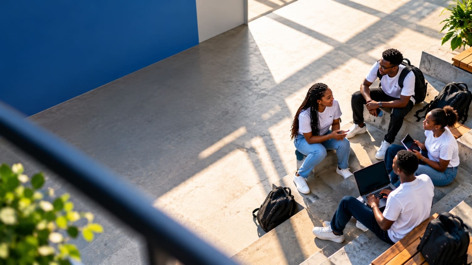 Learners studying together on campus steps