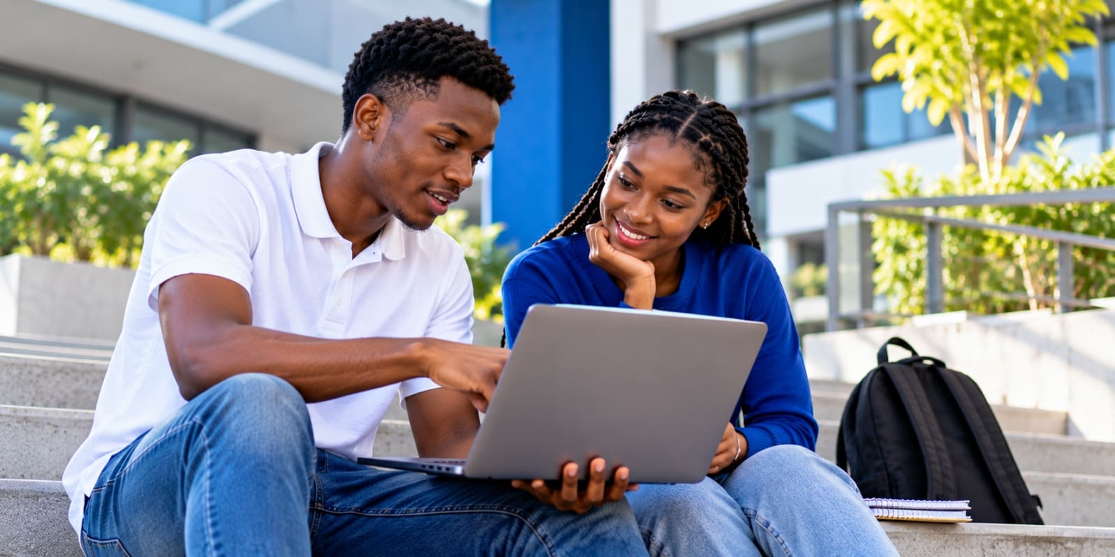 Two learners practising AI and data skills on campus