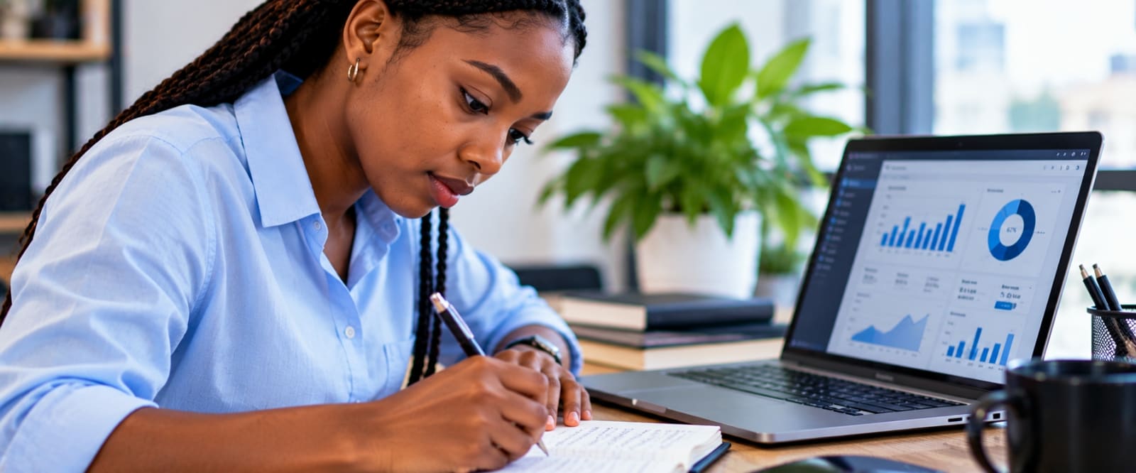 Une apprenante prend des notes en consultant des graphiques de progression