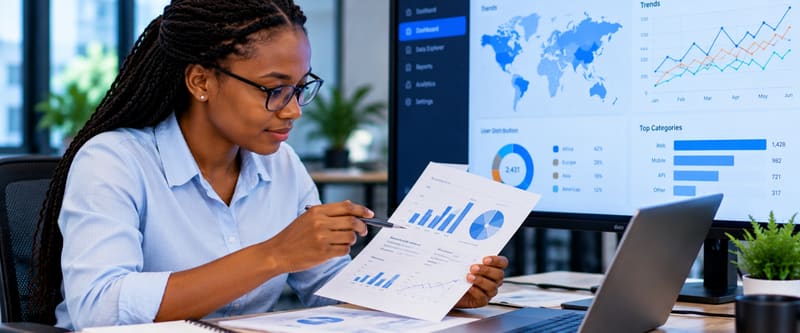 A data analyst reviewing charts and reports