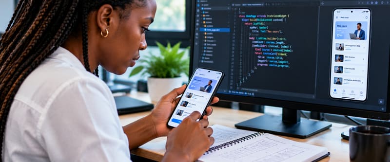 A developer testing a learning app on a phone