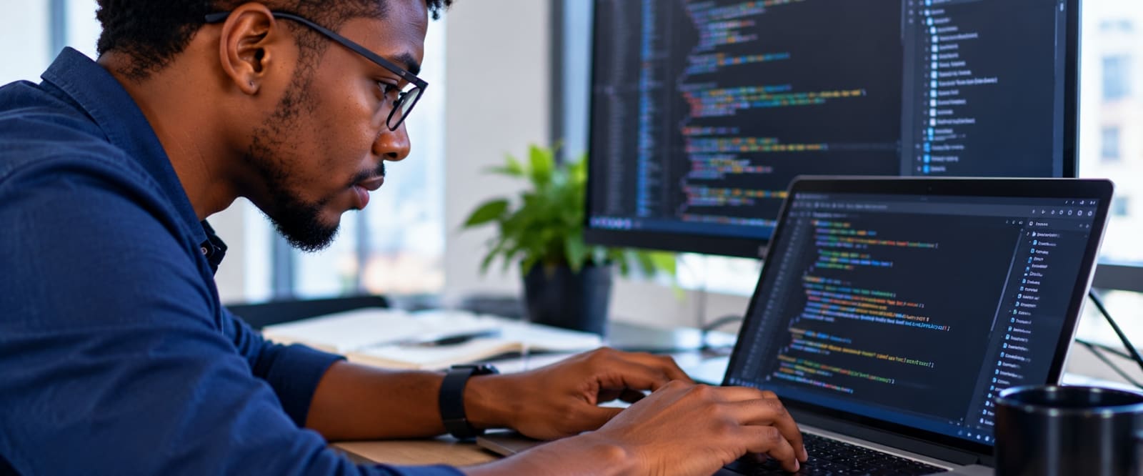 Un ingénieur logiciel écrit du code sur deux écrans