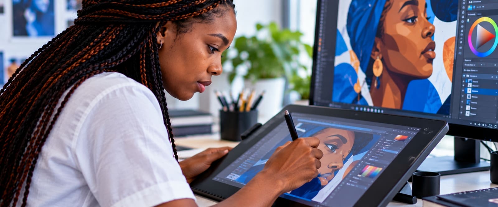Une étudiante en design dessine sur une tablette graphique