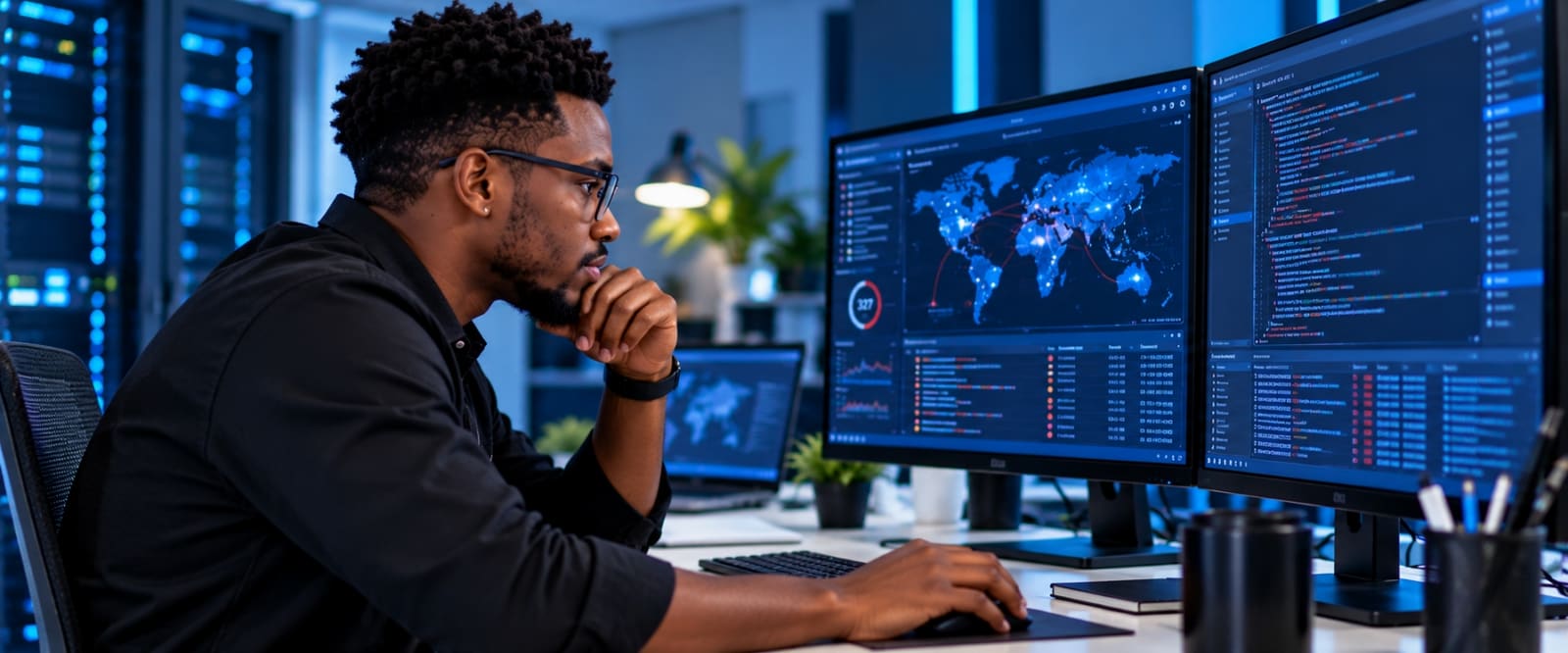 Un apprenant en cybersécurité surveille les menaces sur plusieurs écrans