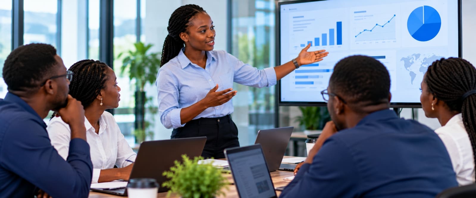A trainer presenting results to a corporate team