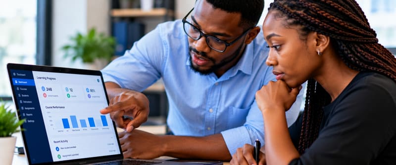 A trainer walking a client through a learning platform