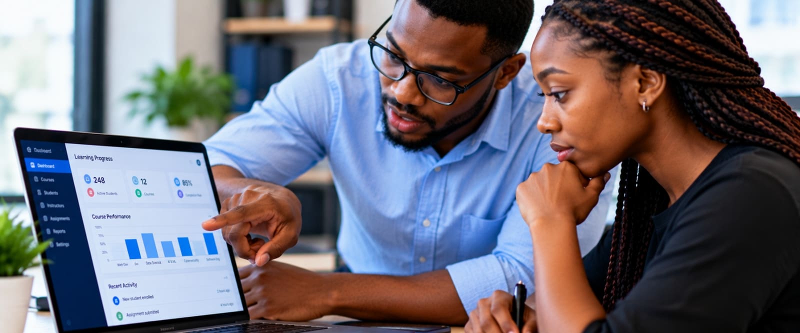 A trainer walking a client through a learning platform