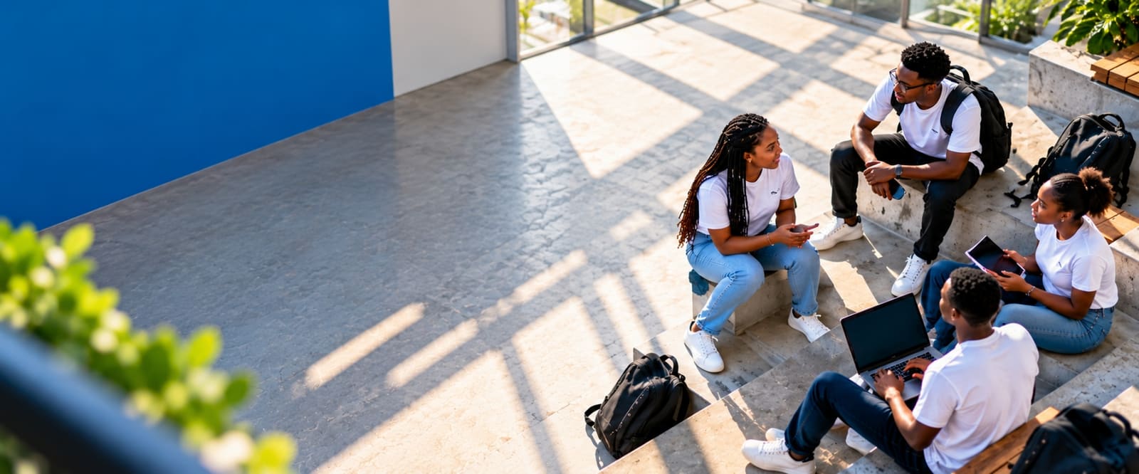 Des apprenants JSP discutent et travaillent sur un ordinateur portable sur les marches du campus