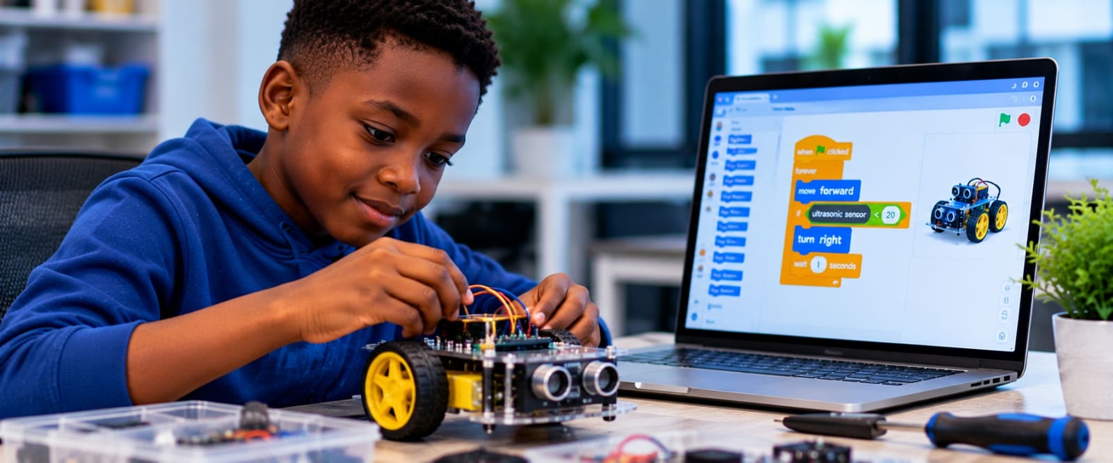 A young learner coding a robot with blocks
