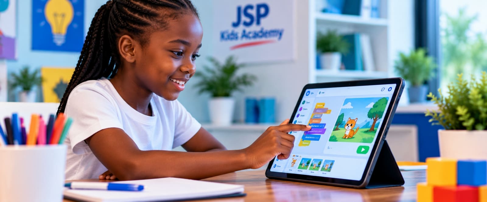 A girl creating a digital story on a tablet