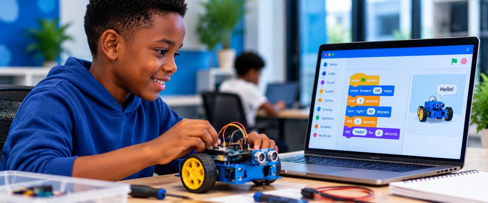 A boy programming a robot's moves on a laptop