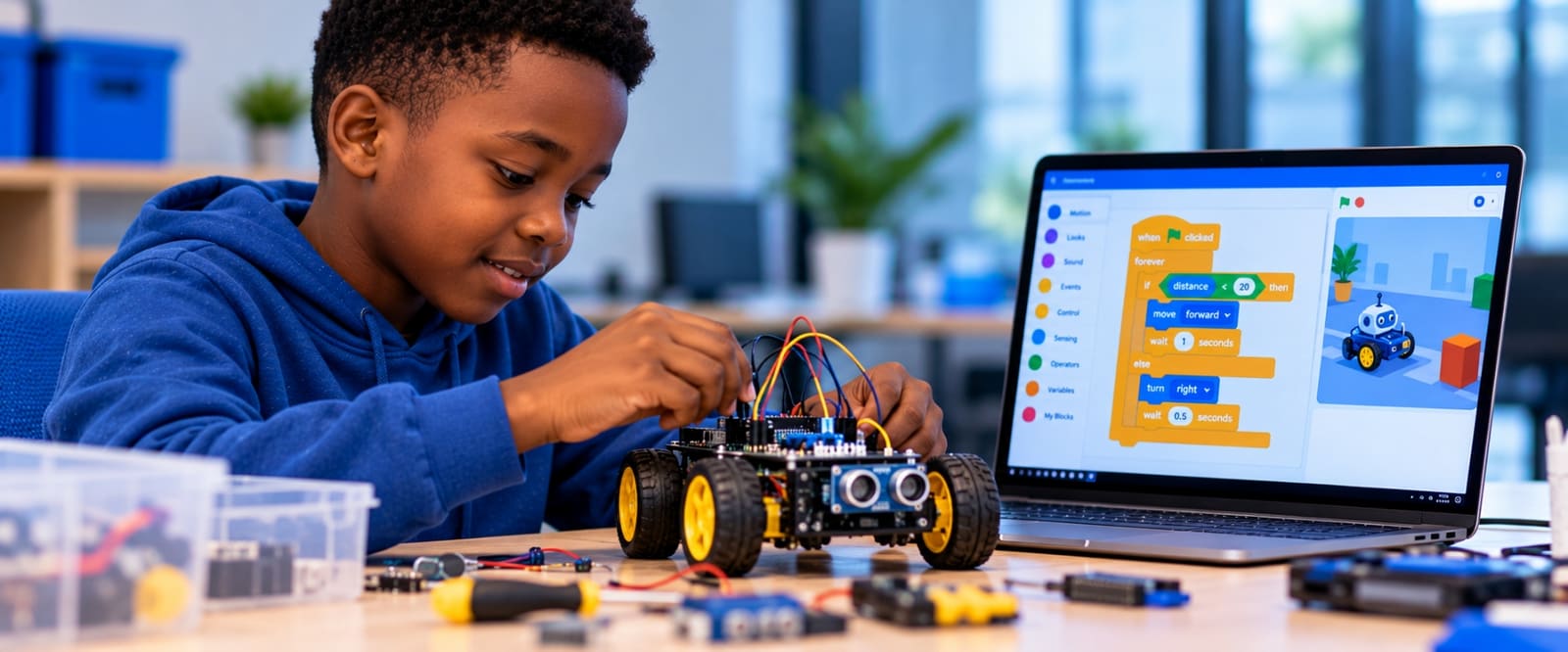 A young innovator assembling a coding robot