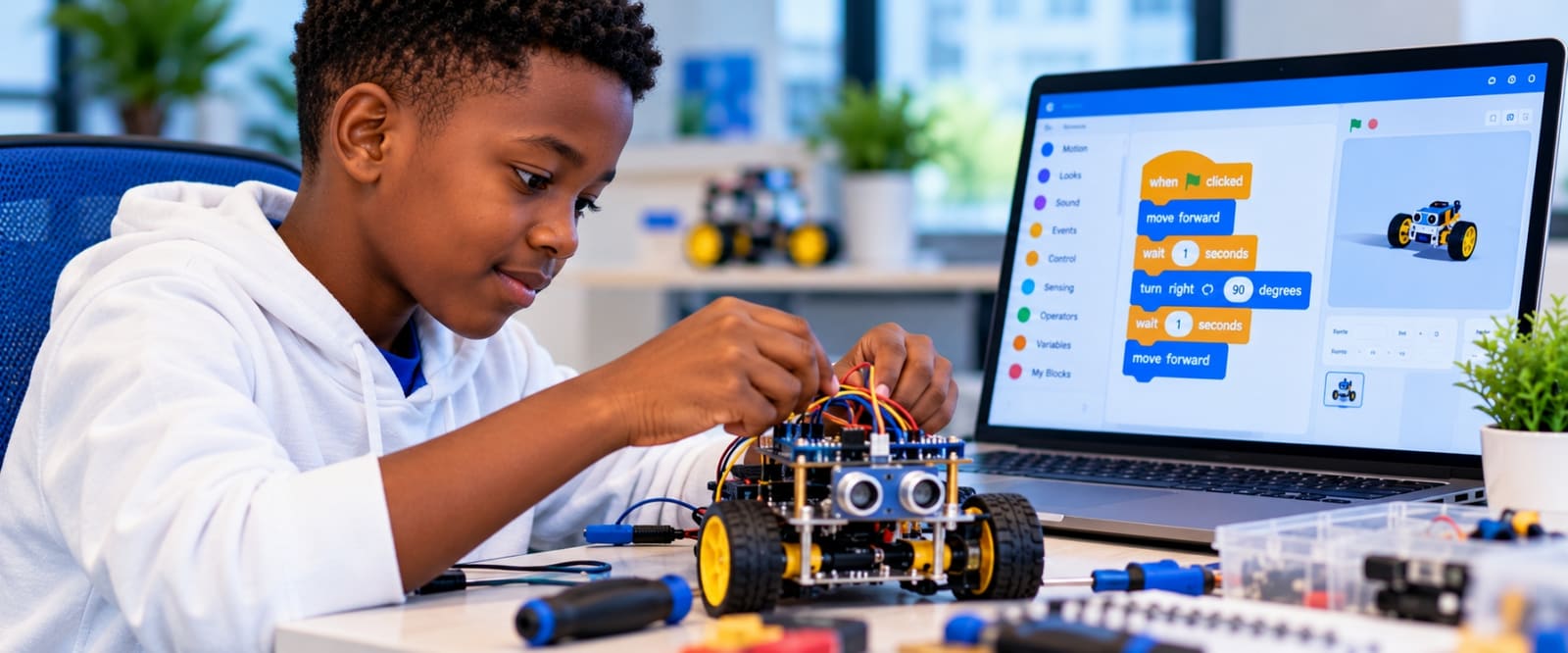 A child working safely on a robotics project