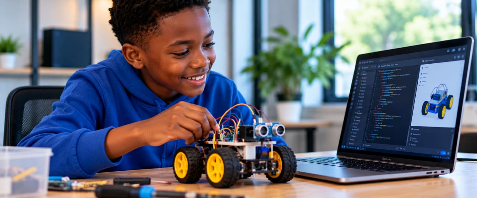 A young learner building a robot car
