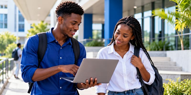 Two JSP learners with a laptop on campus