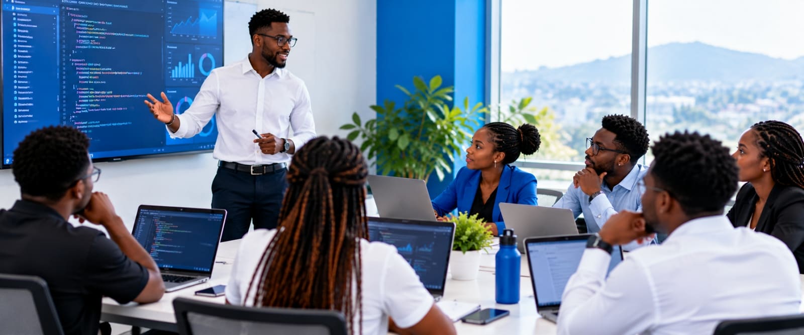 Une formatrice JSP EdTech présente devant une équipe