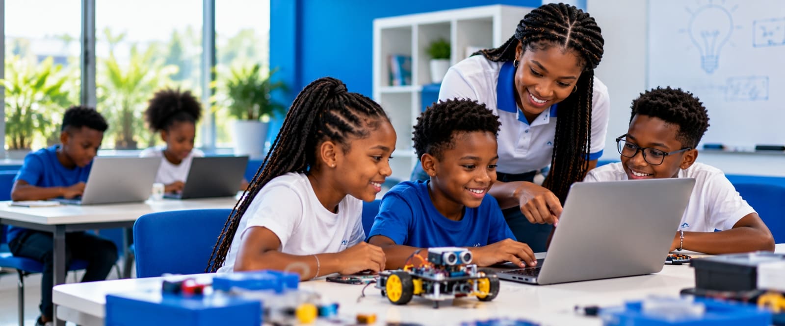 Des enfants construisent et programment un robot ensemble à JSP Kids Academy