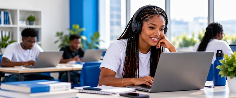 A learner smiling while studying online with JSP Learn