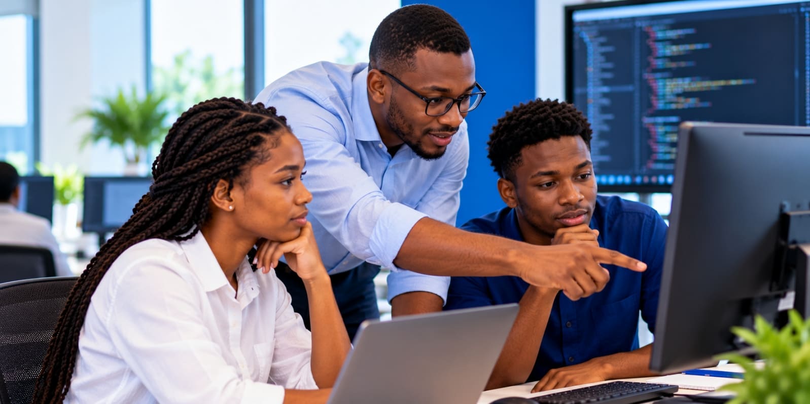 An instructor pointing out a detail on a learner's screen