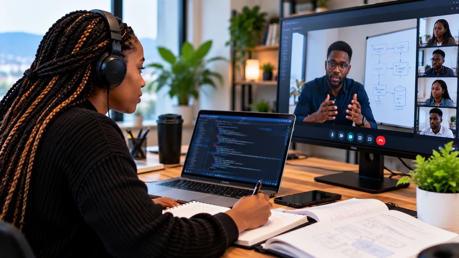 A learner following a live session with the instructor on screen