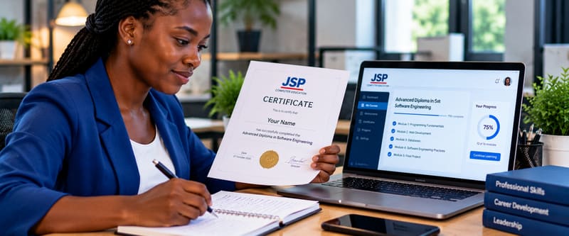 Une apprenante tient son certificat JSP