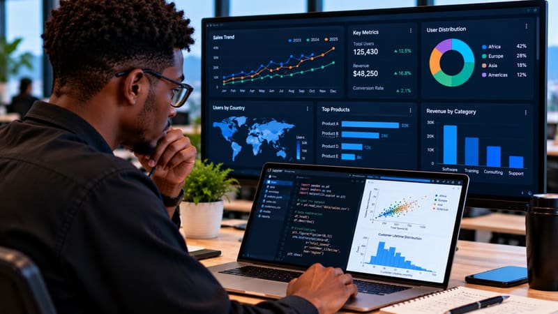 A learner analysing data on dashboards