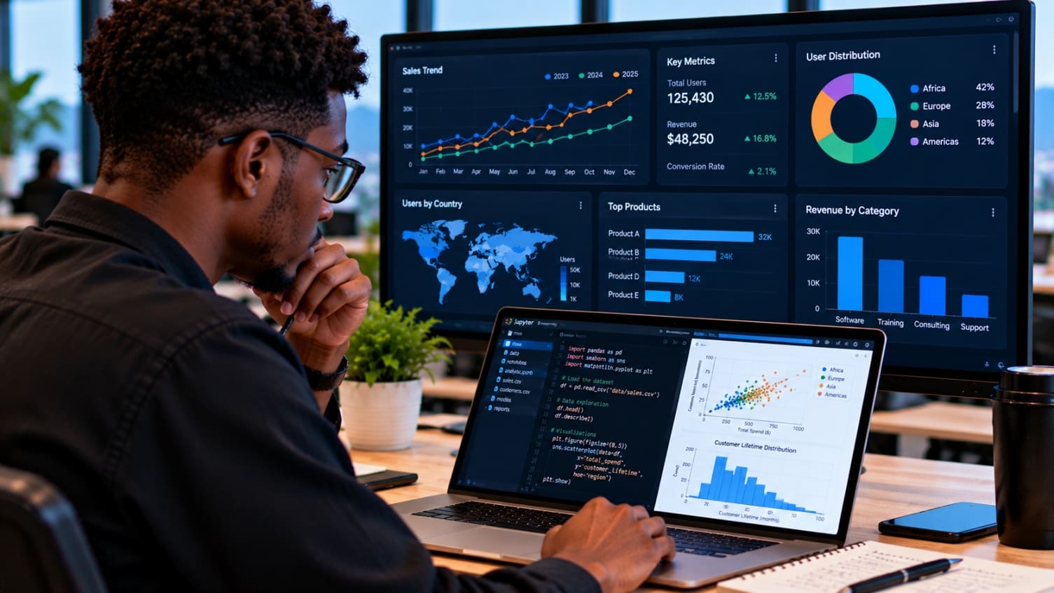 A learner analysing data on dashboards