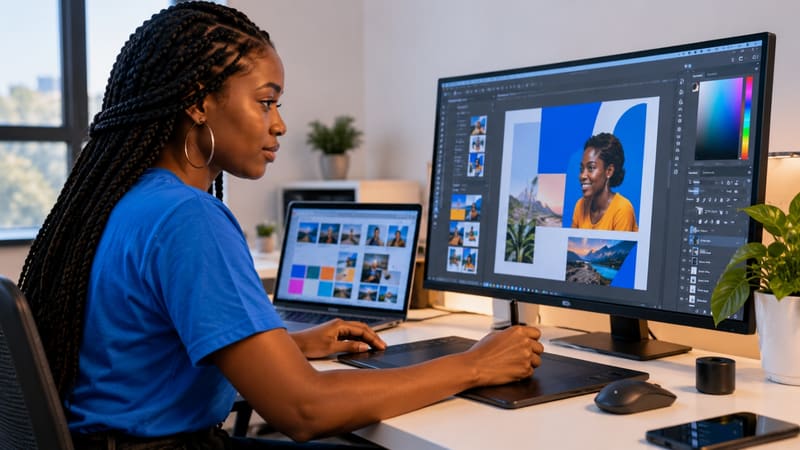 A designer composing visuals on a large screen