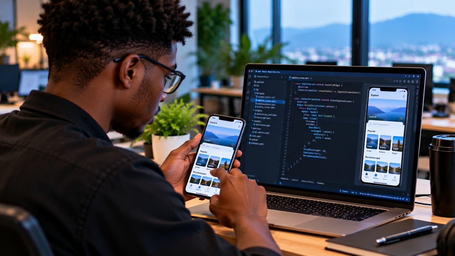 A developer testing a mobile app on a phone