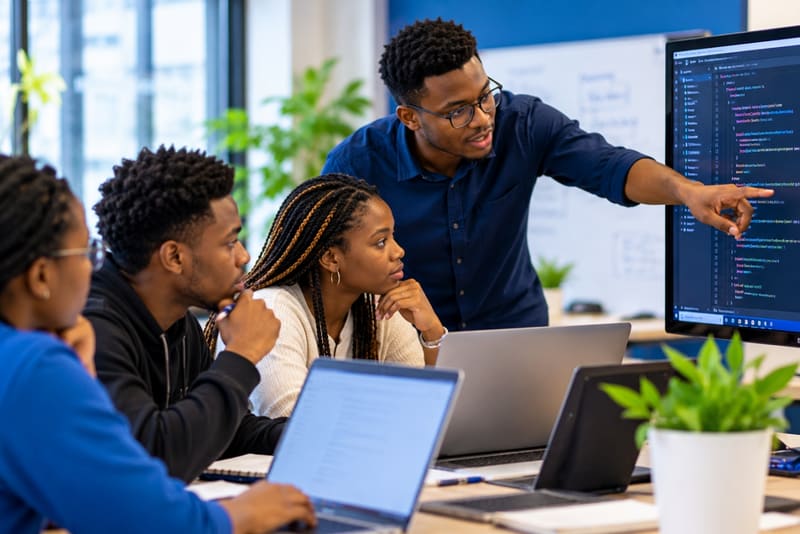 An instructor guiding a coding workshop
