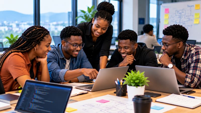 Un groupe d’apprenants réfléchit ensemble autour de leurs ordinateurs