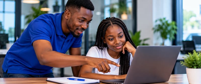 Un formateur accompagne un apprenant