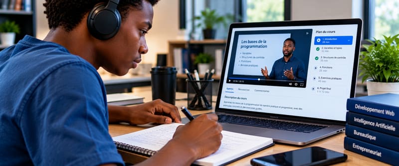 Une apprenante suit une leçon en ligne