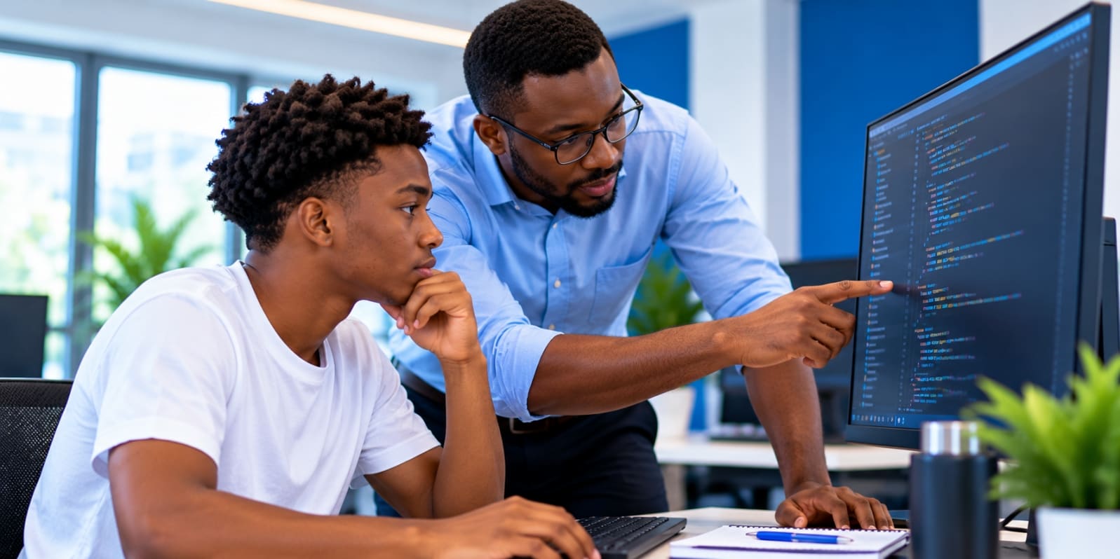 An instructor supporting a learner at his screen