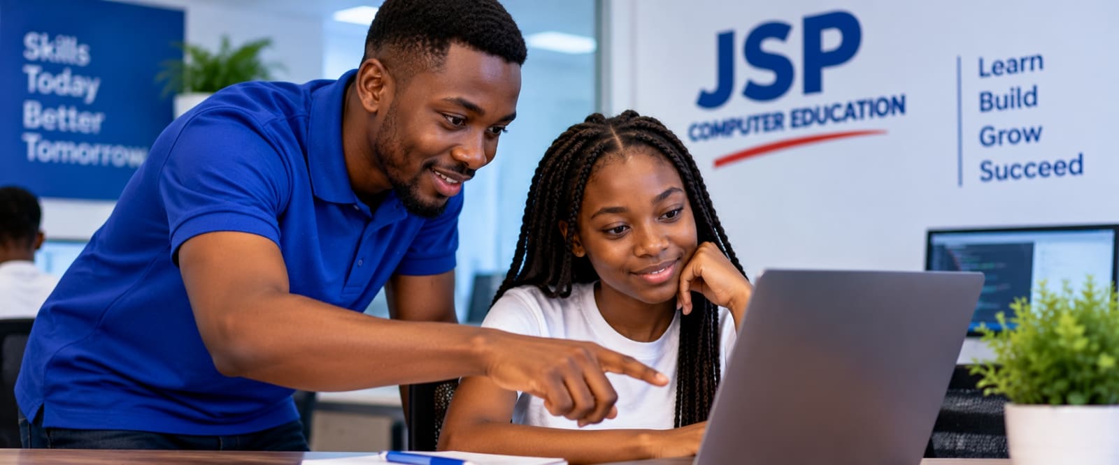 Un mentor accompagne un jeune apprenant devant un ordinateur portable